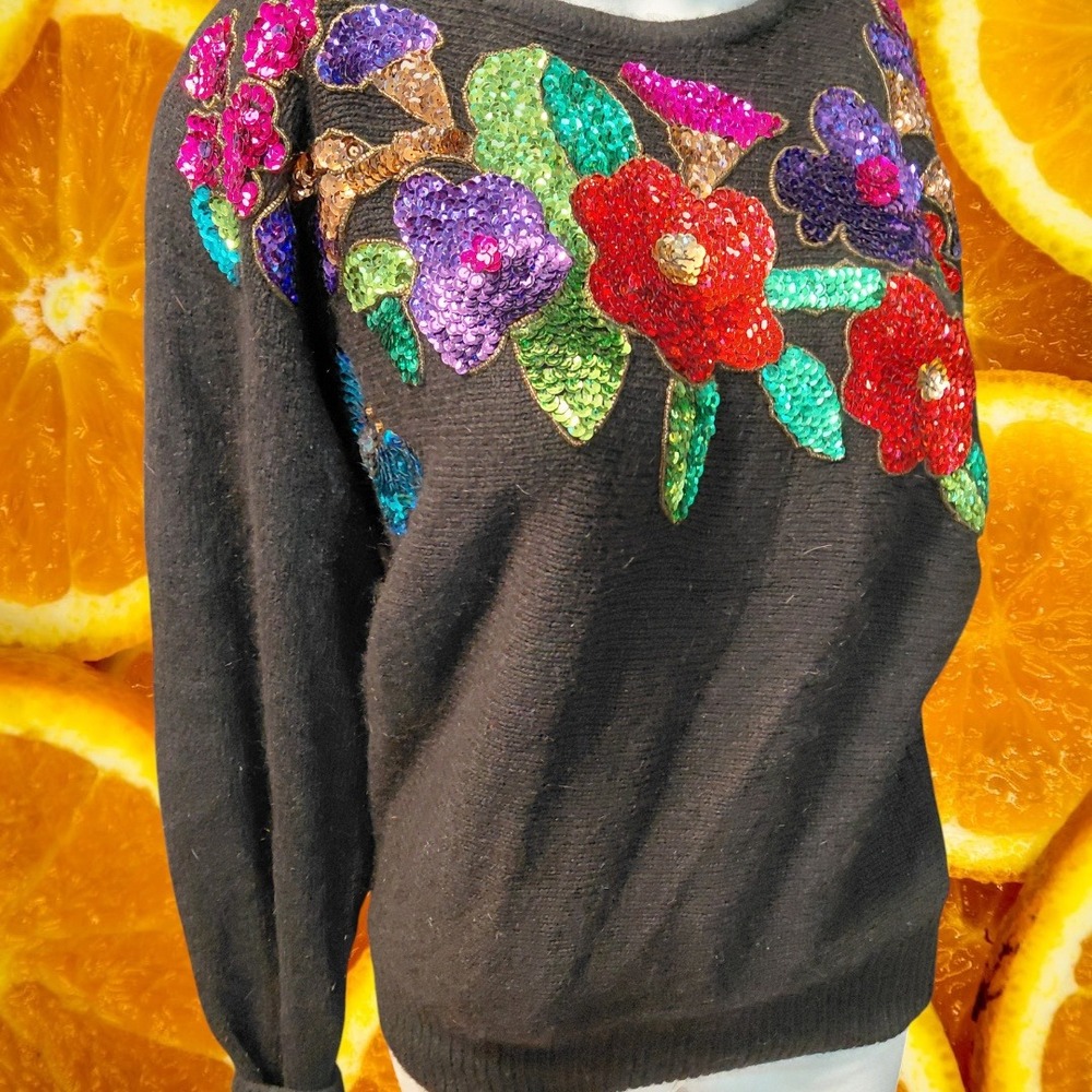 De Rothschild Black Sequin Floral Embroidered Silk Angora Lambswool Sweater